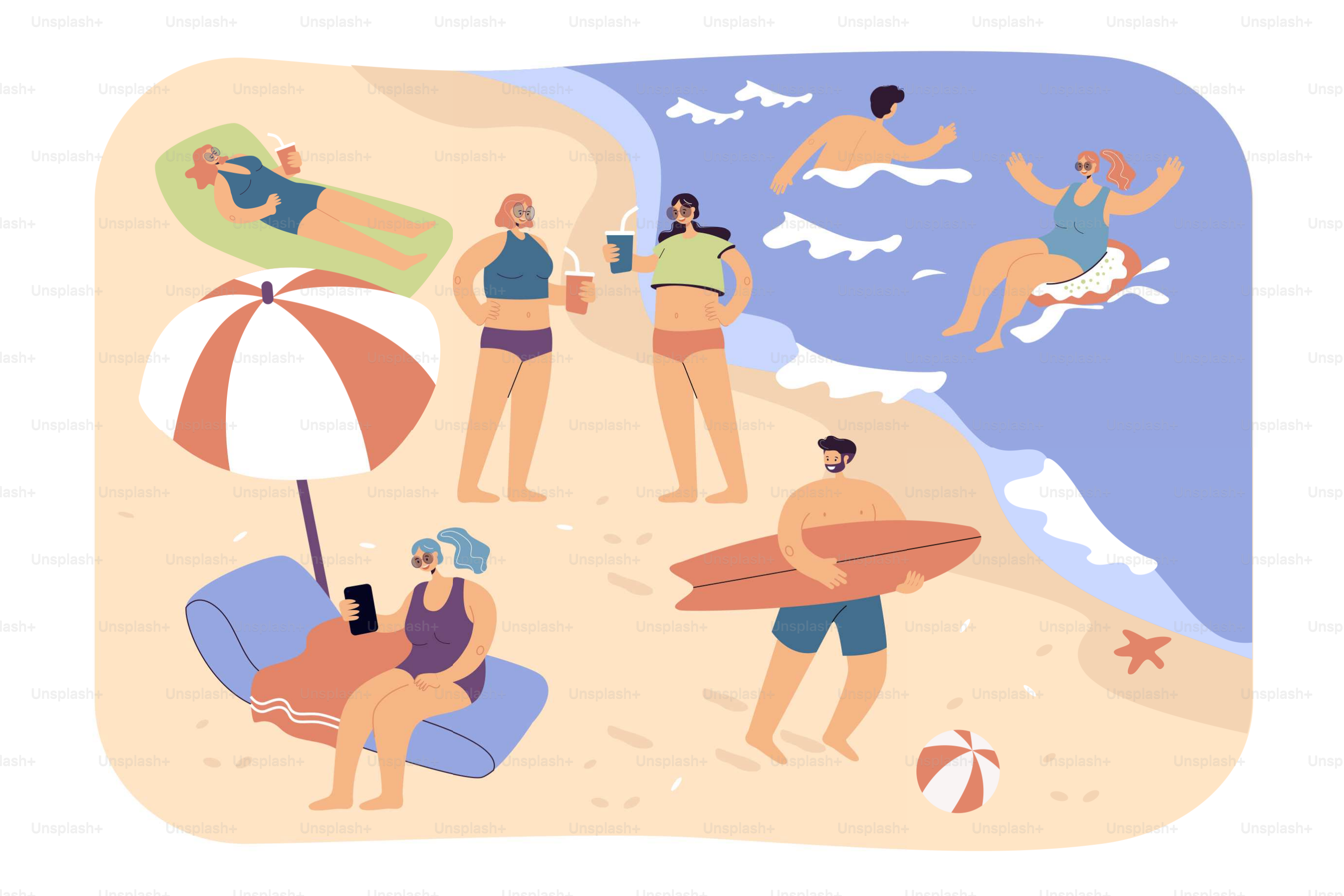 Les gens profitent de diverses activités estivales à la plage, nager, faire du surf, s’asseoir sous un parasol. Des touristes qui se détendent en mer. Illustration vectorielle pour le concept de vacances et de loisirs sur la côte