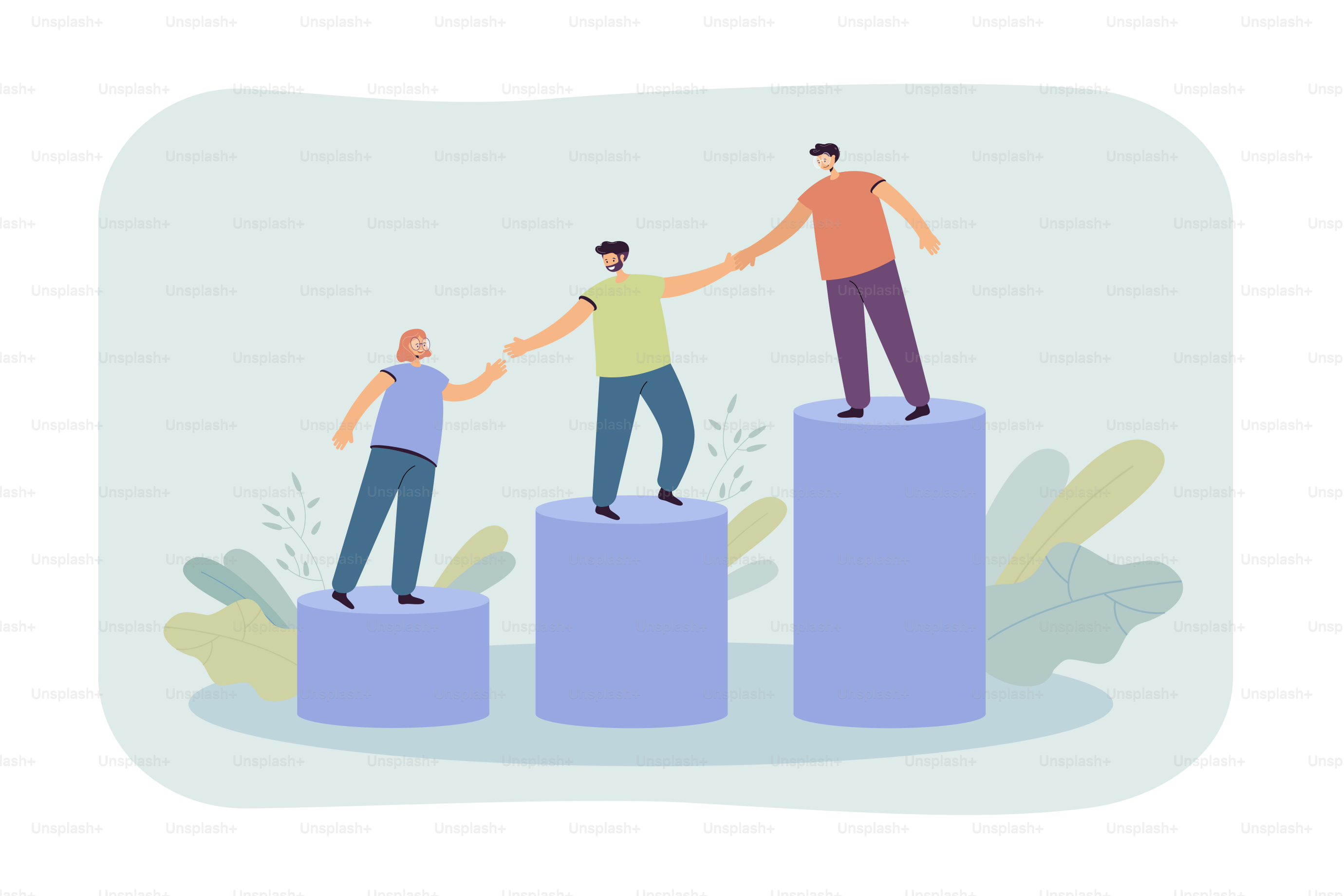 Fare da mentore aiutando i giovani dipendenti a scalare la cima di un grafico a barre in crescita. Squadra che si tiene per mano e sale insieme le scale. Illustrazione vettoriale per mentorship, lavoro di squadra, concetto di supporto professionale