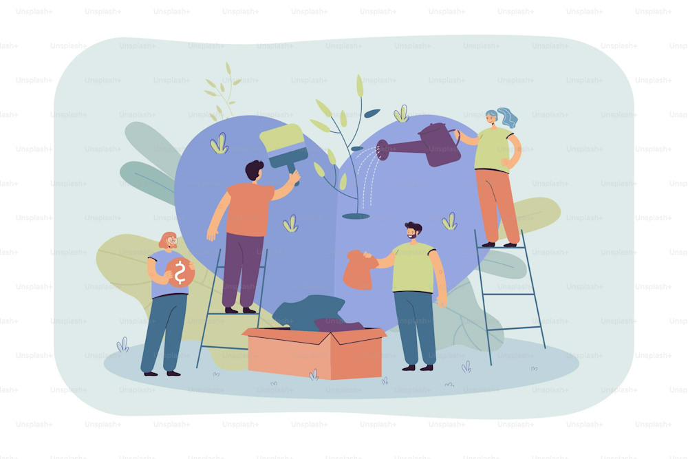 Stylized volunteer team giving care and sharing hope isolated flat vector illustration. Cartoon group of characters helping poor people with social support and money. Charity and donation concept