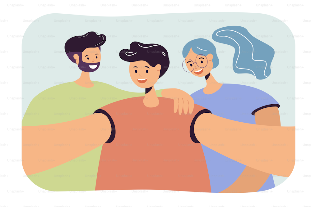 Happy young friends making self picture, holding phone and smiling at camera. Vector illustration for friendship, photo, fun, technology, leisure, selfie concept