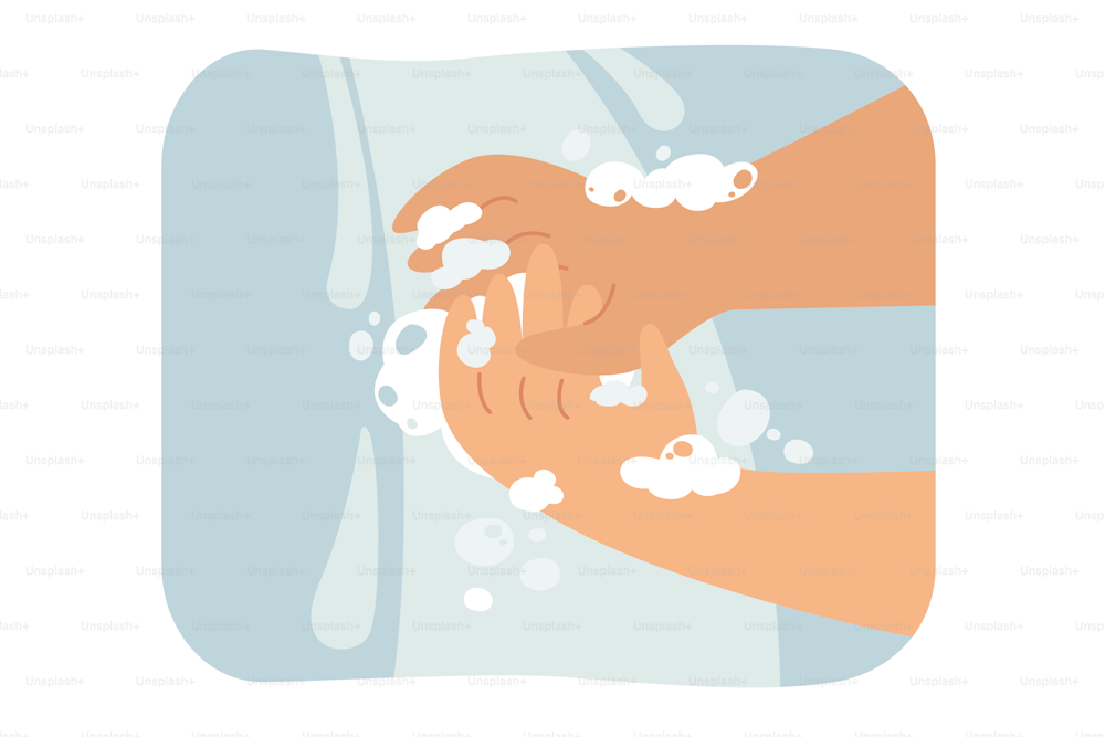 Person washing hands in flowing water with soap foam. Vector illustration for handwashing, hygiene, healthcare concept