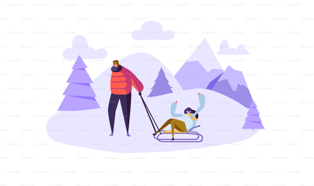 겨울 활동에 행복한 커플 캐릭터. 눈 덮인 산에서 썰매를 타는 남자와 여자. 겨울 방학에 평평한 사람들. 벡터 그림