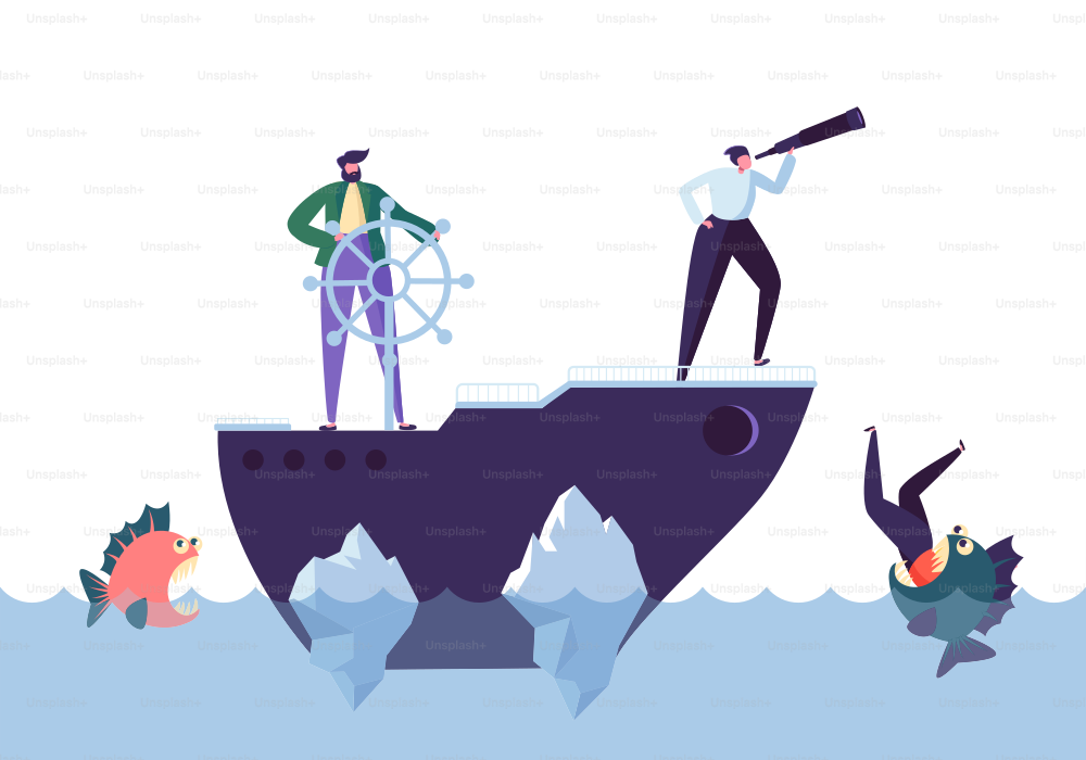 Business People Floating on the Ship in the Dangerous Water with Sharks. Leadership, Support, Crisis Manager Character, Teamworking Concept. Vector illustration