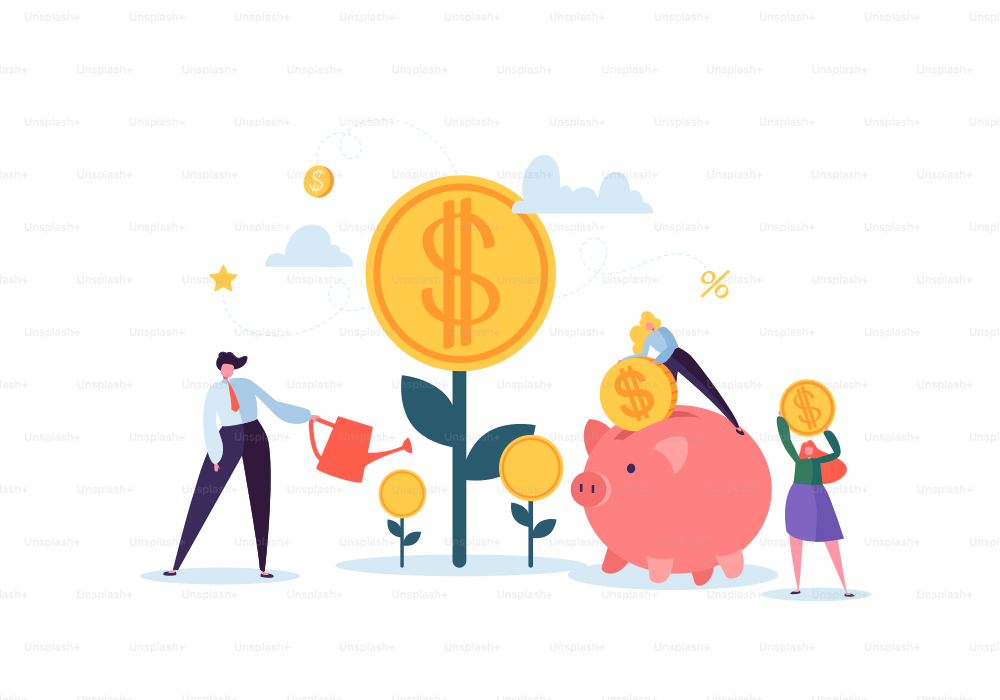 Investment Financial Concept. Business People Increasing Capital and Profits. Wealth and Savings with Characters. Earnings Money. Vector illustration