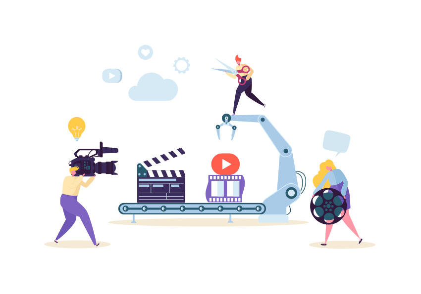 Creación de películas, concepto de producción de vídeo. Operador de televisión con videocámara. Videografía, personajes rodando película, cámara de cine. Ilustración vectorial