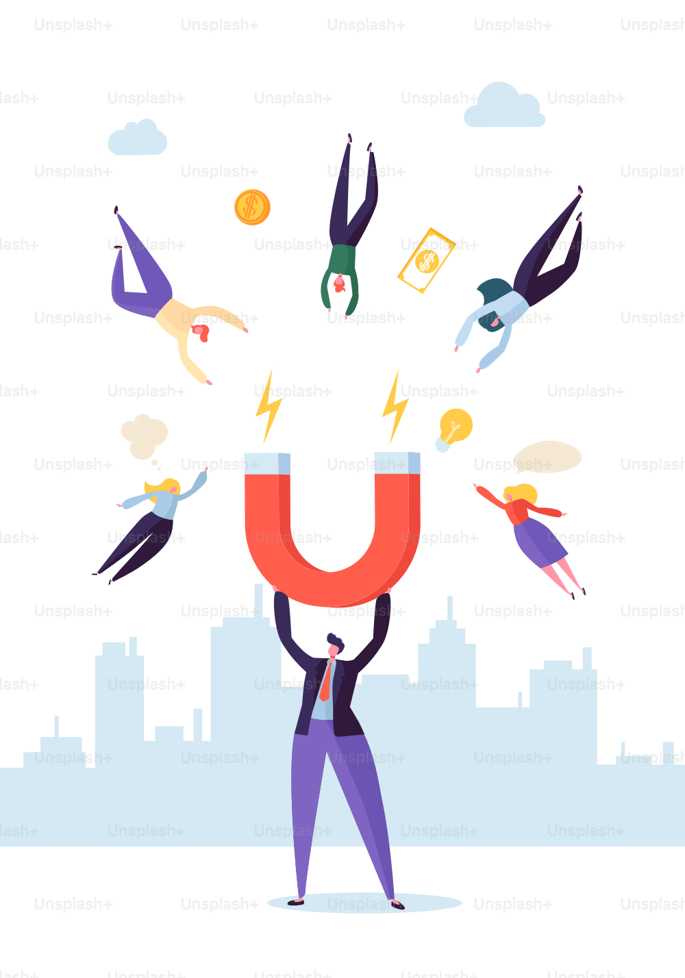 Businessman Character with Big Magnet Attracting New Customers, Money and Ideas. Business Marketing Concept. Vector illustration