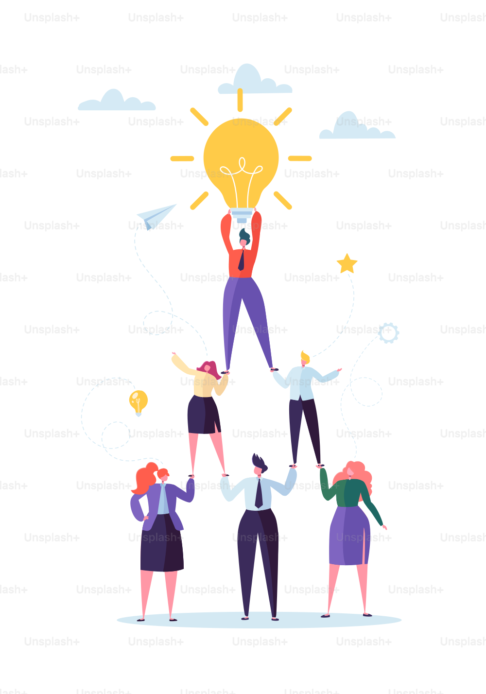 Successful Team Work Concept. Pyramid of Business People. Leader Holding Light Bulb on the Top. Leadership, Teamworking and Creative Idea. Vector illustration
