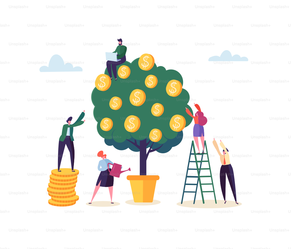 Business Woman Watering a Money Plant. Characters Collecting Golden Coins from Money Tree. Financial Profit, Investment, Banking, Income Concept. Vector illustration