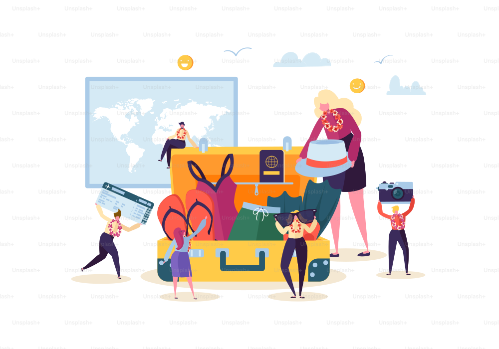 Characters Packing Luggage for Travel. Man and Woman Preparing for Tropical Trip. Happy People Traveling to Beach Vacation. Vector illustration