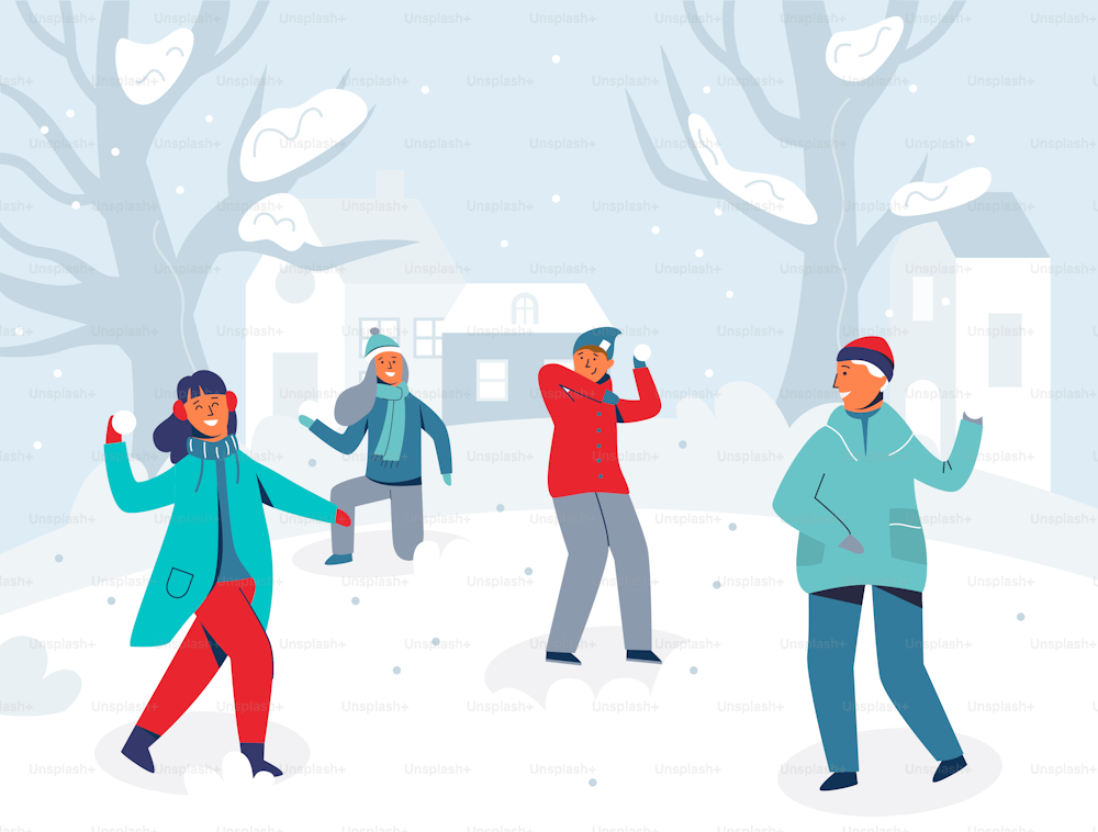 Winter Characters Playing Snowballs. Joyful People Having Fun in Snow. Boys and Girls Throwing Snowball. Vector illustration