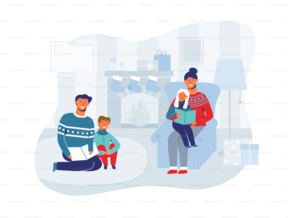 Parents Reading Books with Children on Christmas Eve at Home. Winter Holidays Happy Characters near Fireplace. Father Read Book for Son. Vector illustration
