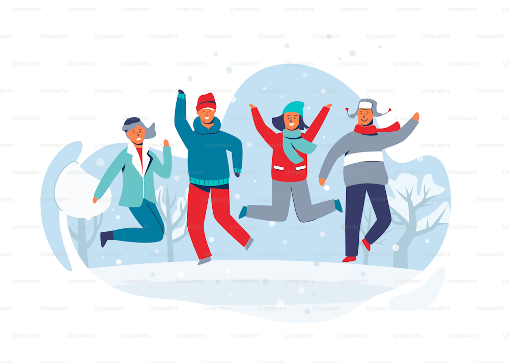 Joyful Characters Friends Jumping in the Snow. People in Warm Clothes on Happy Winter Vacation. Man and Woman Having Fun Outdoors. Vector illustration