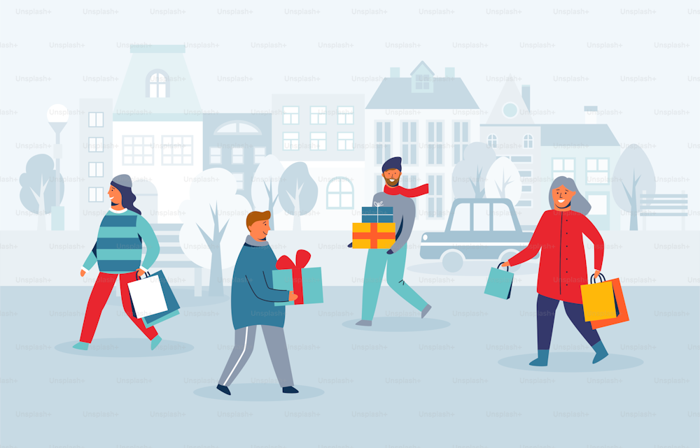 Personaggi felici Shopping durante le vacanze invernali. Persone con regali di Natale su City Street. Donna e uomo con le borse della spesa a Capodanno. Illustrazione vettoriale