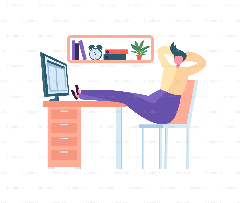 Tired Business Character Sleeping in the Office. Exhausted Worker Falling Asleep at Work. Lazy Man Sleeping Behind his Desk. Vector illustration