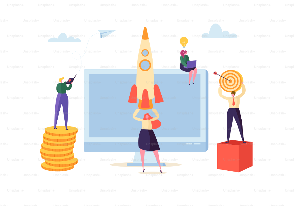 Startup Innovation Technology Concept. New Business Project with Rocket and Creative Characters. Management and Development. Vector illustration