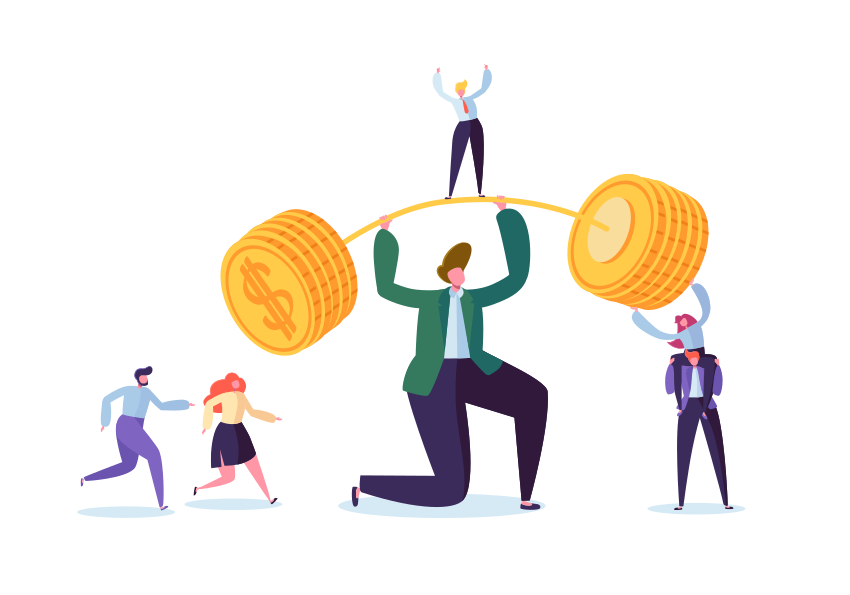 Homme d’affaires soulevant une barre avec des pièces d’or. Concept de travail d’équipe pour la réussite financière. La réussite commerciale rapporte de l’argent. Illustration vectorielle