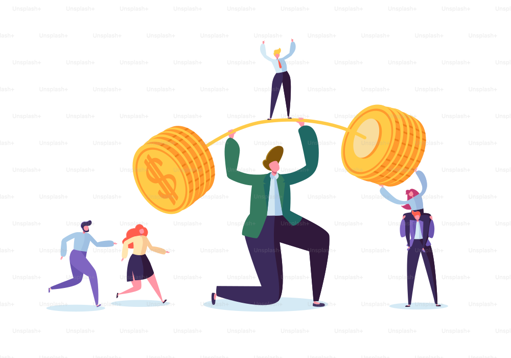 Businessman Lifting Up Barbell with Golden Coins. Financial Success Team Work Concept. Business Achievement Making Money. Vector illustration