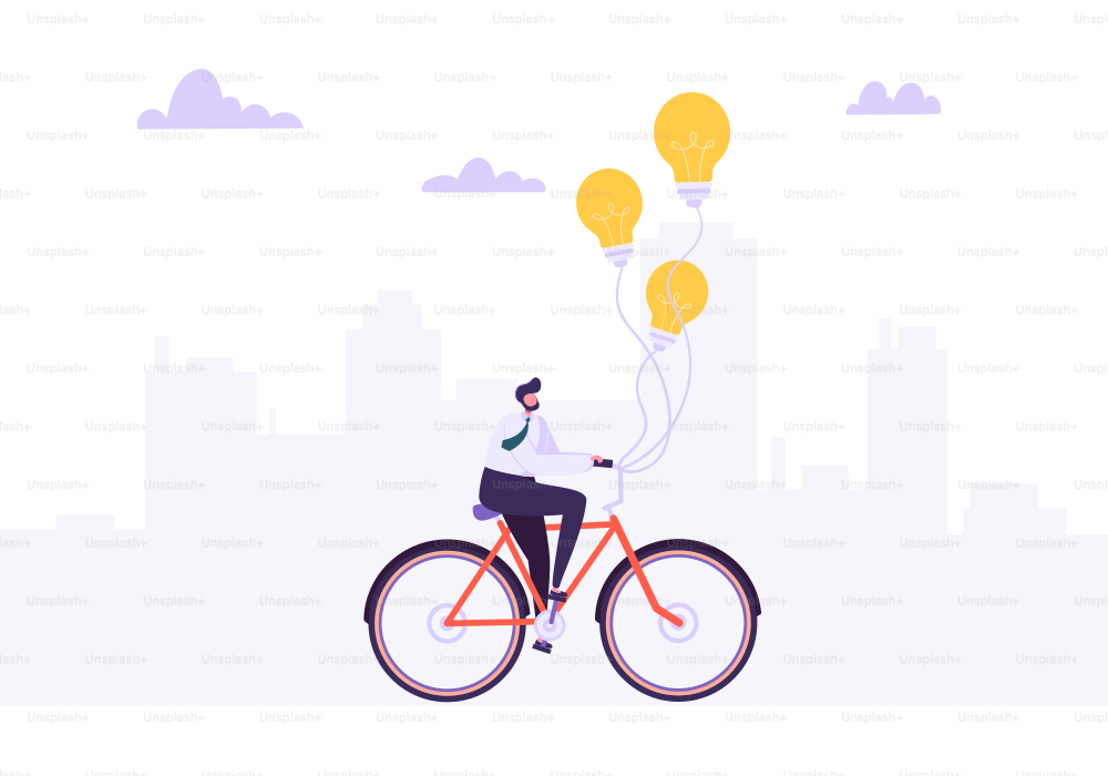 Businessman Riding on the Bike to Work. Office Worker Character on the Bicycle with Light Bulb. Ecology Transportation Concept. Vector illustration