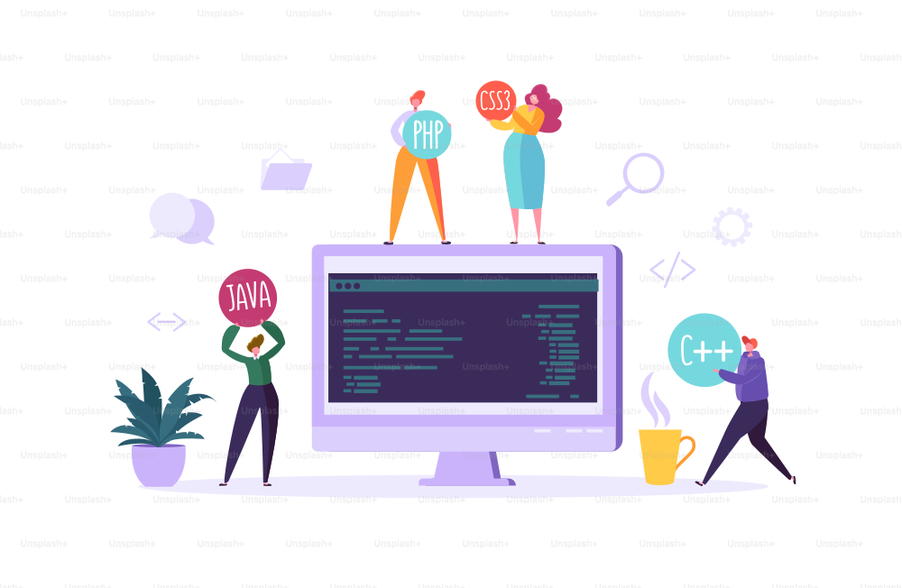 Software and Web Page Programming Concept. Programmer Characters Working on Computer with Code on Screen. Freelancer Workplace Coding. Vector illustration