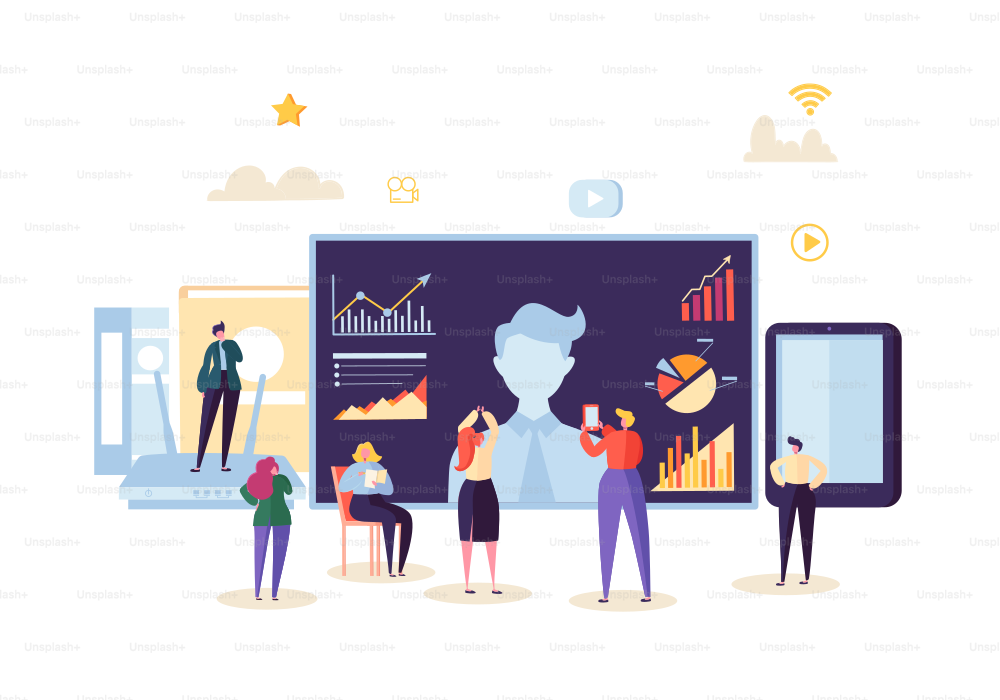 Teleconference Online Communication Concept. Business People at the Video Conference Webinar. Characters on Data Analysis Call Meeting. Vector illustration