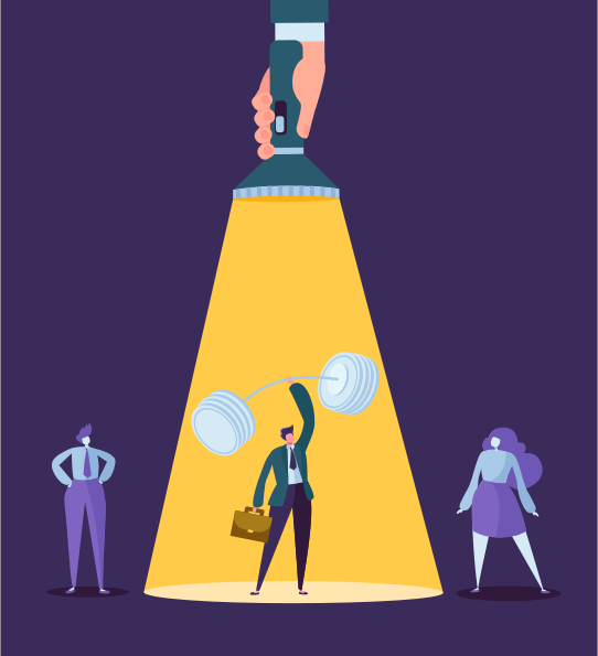 Hand with Flashlight Pointing at Businessman Character with Barbell. Recruitment, Leadership Concept, Human Resources. Vector illustration