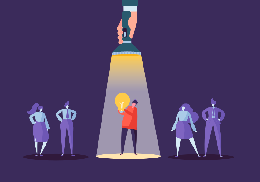 Hand mit Taschenlampe zeigt auf Geschäftsmann mit Glühbirne. Rekrutierung, Führungskonzept, Personalwesen, kreative Ideen. Vektorillustration