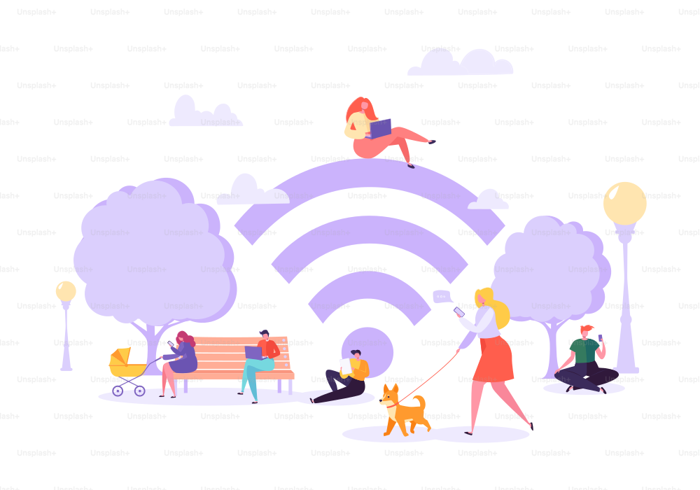 Wi-fi no parque com pessoas usando smartphone e laptop. Conceito de Redes Sociais com Personagens com Gadgets Móveis. Ilustração vetorial