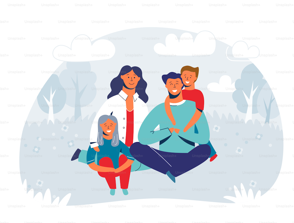 Happy Family enjoying Picnic. Mother, Father and Children Characters smiling and sitting on grass. People in the Park or Forest. Vector Illustration