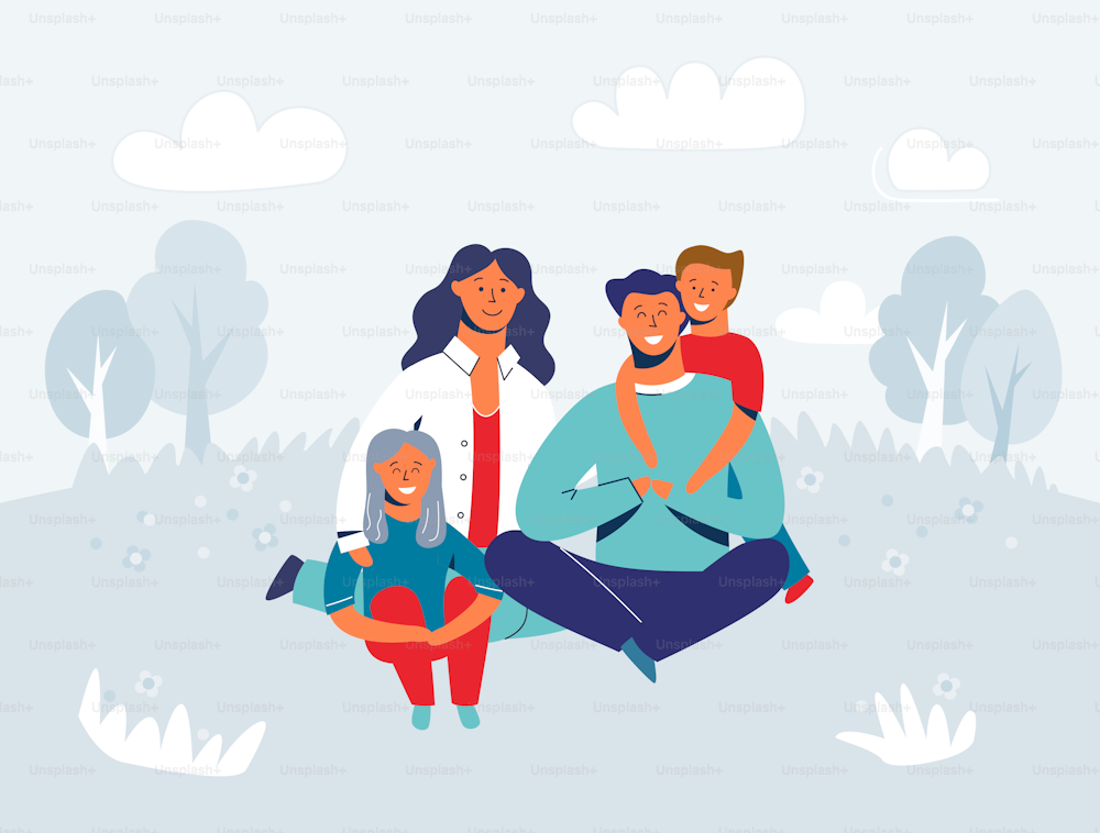 Happy Family enjoying Picnic. Mother, Father and Children Characters smiling and sitting on grass. People in the Park or Forest. Vector Illustration