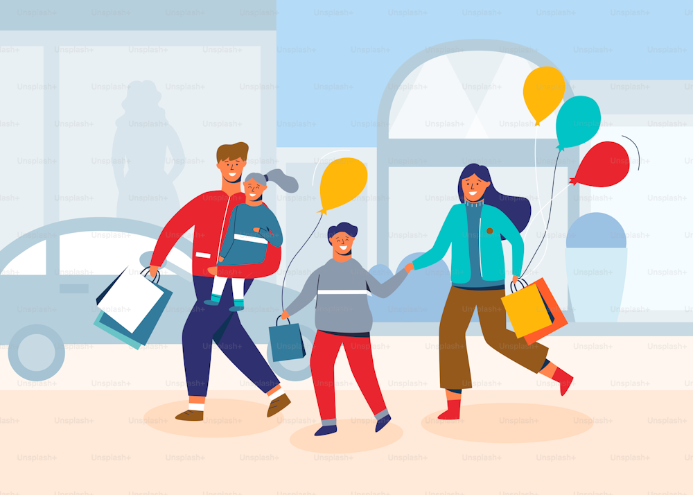 Happy family on shopping. Father, mother and children with bags and purchases. People characters in the mall, store or shop. Vector illustration