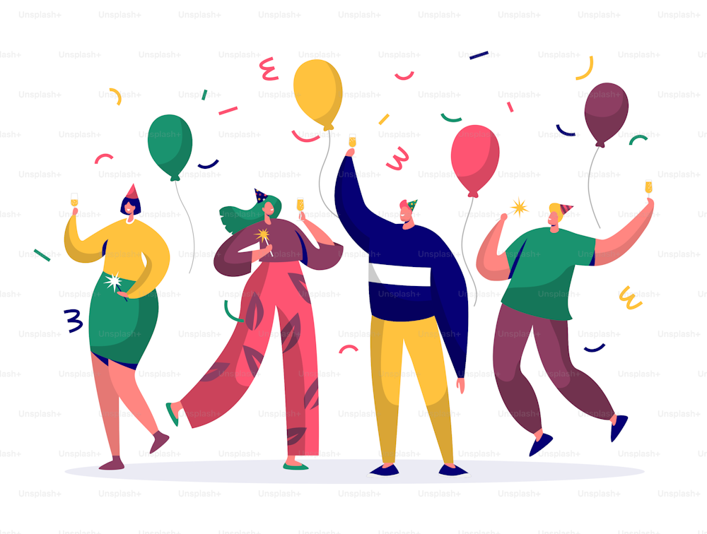 Gruppe von fröhlichen Menschen, die Silvester oder Geburtstagsfeier feiern. Männer- und Frauenfiguren mit Hüten, die Spaß haben und mit Konfetti und Luftballons anstoßen. Vektorgrafik