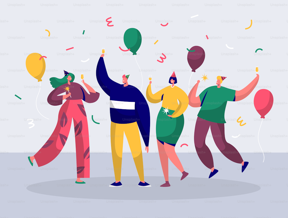 Gruppe von fröhlichen Menschen, die Silvester oder Geburtstagsfeier feiern. Männer- und Frauenfiguren mit Hüten, die Spaß haben und mit Konfetti und Luftballons anstoßen. Vektorgrafik