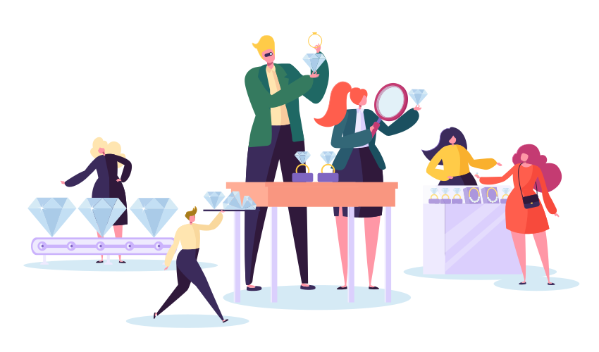 Jewelry industry concept. Jeweler seller with diamonds in store. Woman character buying luxury jewels in gemstone shop. Vector illustration