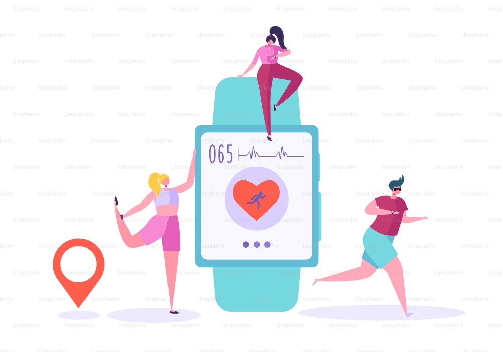 Konzept der Smartwatch-App-Technologie. Aktive Personencharaktere, die mit Herzfrequenzmesser laufen. Fitness-Tracker, Herzschlag, Kalorien zählen. Vektorgrafik