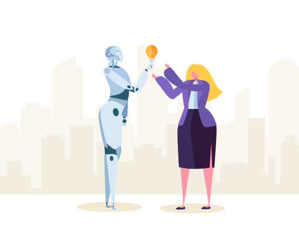 Creative Robot Help Businesswoman make Good Solution. Ai Imagination Create Futuristic Idea. New level of Automation. Flat Cartoon Vector Illustration