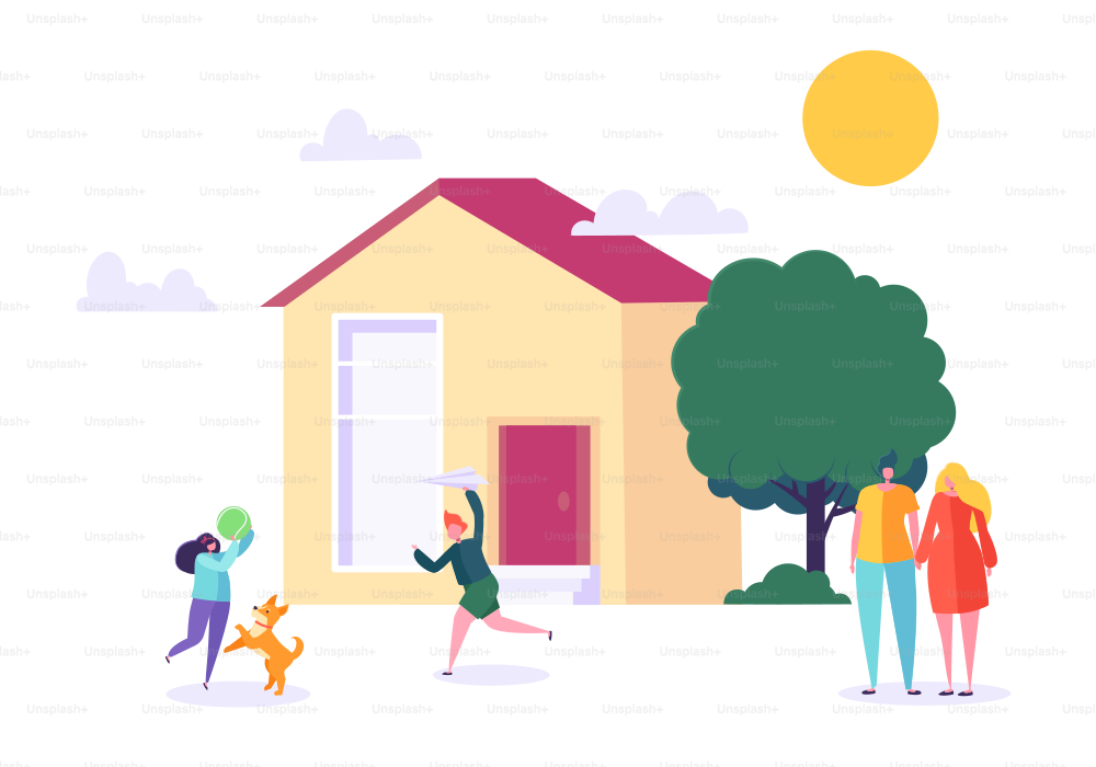 Happy Family Play at Home. Children and Parents stand near New House. Father, Mother, Son and Daughter Together Outdoors. Dream Lifestyle Concept. Flat Character Vector Illustration