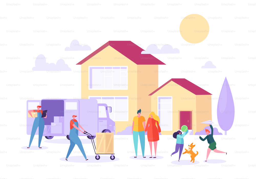 Home Move with Removal Porter Help. Happy Family Moving to new Home using Courier Service. Transportation Heavy Cargo. Flat Cartoon Vector Illustration