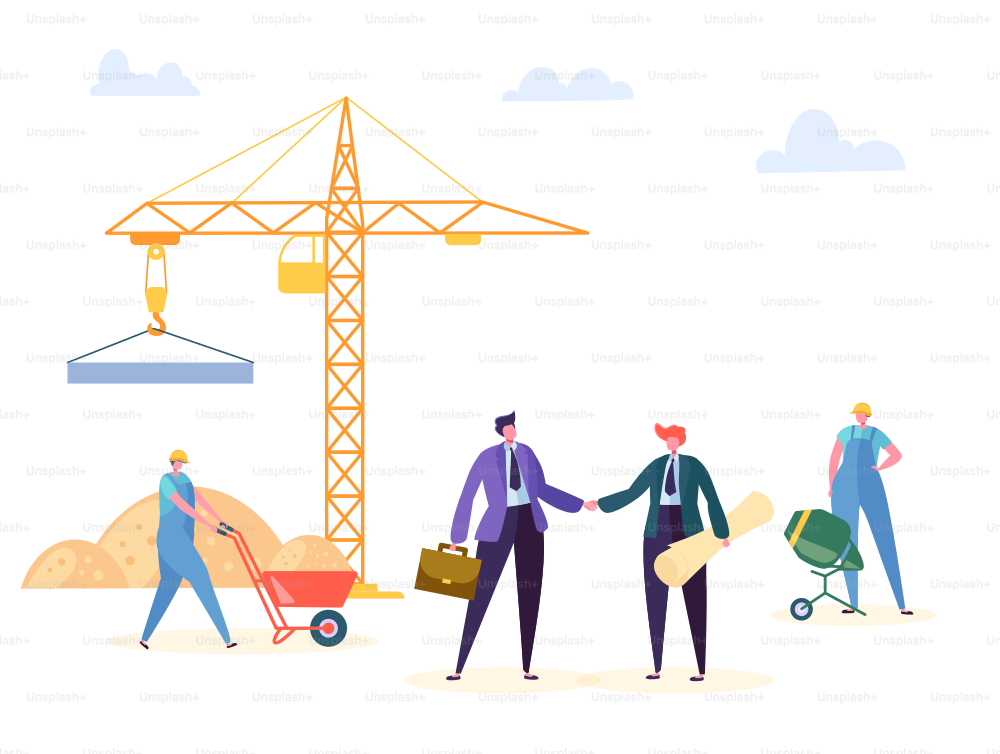 Construction Agreement Handshake Vector Illustration. Business Manager and Engineer have Building Partnership Contract, Crane Worker Background. Businessman Character Residential Project Deal Poster