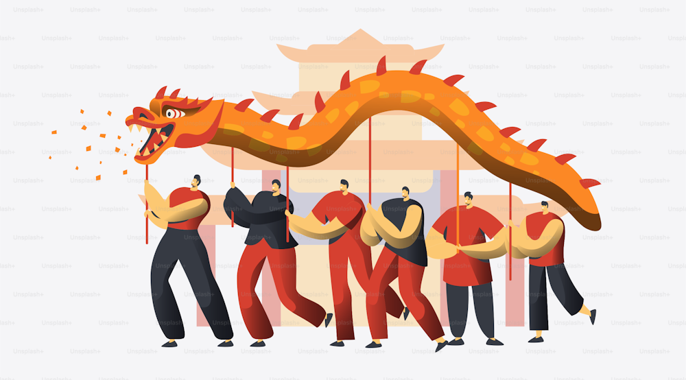 Festival della danza del drago del Capodanno cinese. Asian Lunar Holiday Character Traditional Party Parade. Happy Man celebra il concetto di prosperità per l'illustrazione vettoriale del fumetto piatto banner