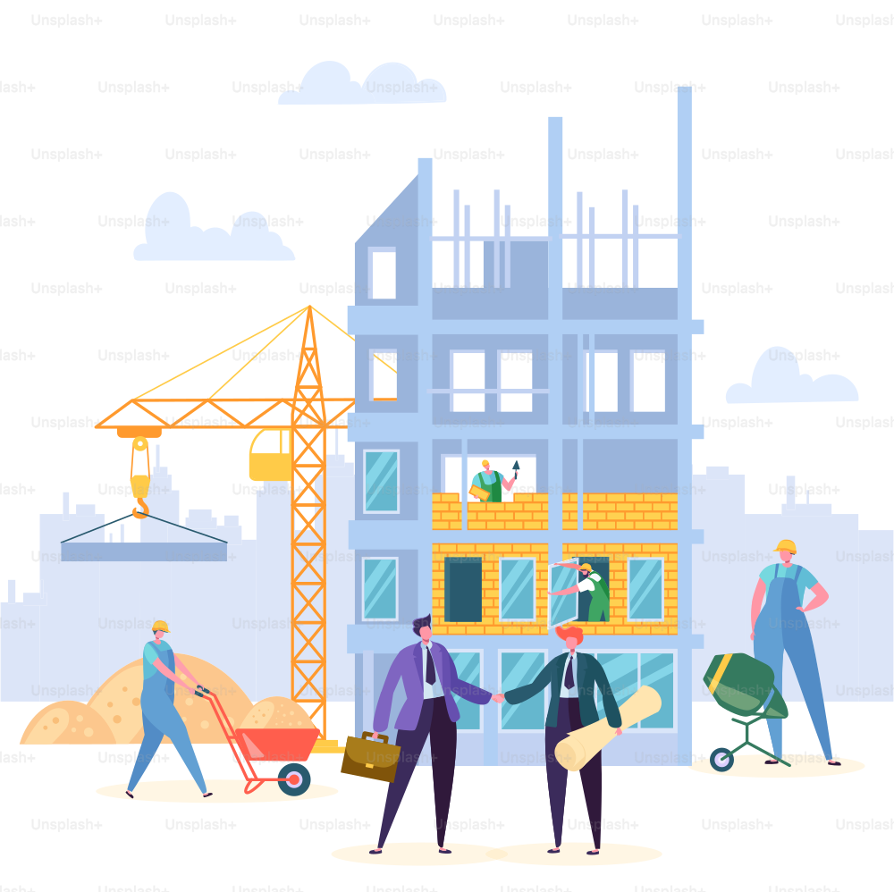 Building Agreement Handshake Vector Design. Businessman and Engineer have Construction Partnership Contract, Crane and Property Background. Business Character Commercial Entrepreneurship Illustration