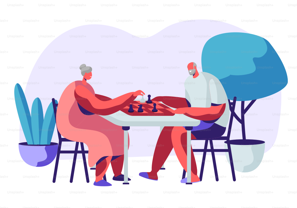 Entspannende ältere Männer und Frauen, die im Pflegeheim Schach spielen. Ein paar fröhliche Rentner, die Zeit mit intellektuellem Spiel verbringen, Rentner Freizeit und Freizeit. Cartoon flache Vektor-Illustration