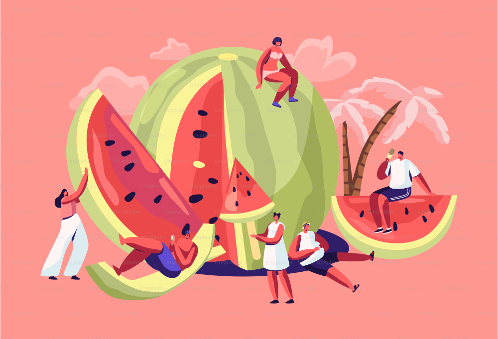 Miniature Characters in Swimsuit Relaxing on Huge Refreshing Ripe Watermelon. Summer Time, Group of People, Family and Friends Having Fun Playing on Beach, Relaxing. Cartoon Flat Vector Illustration
