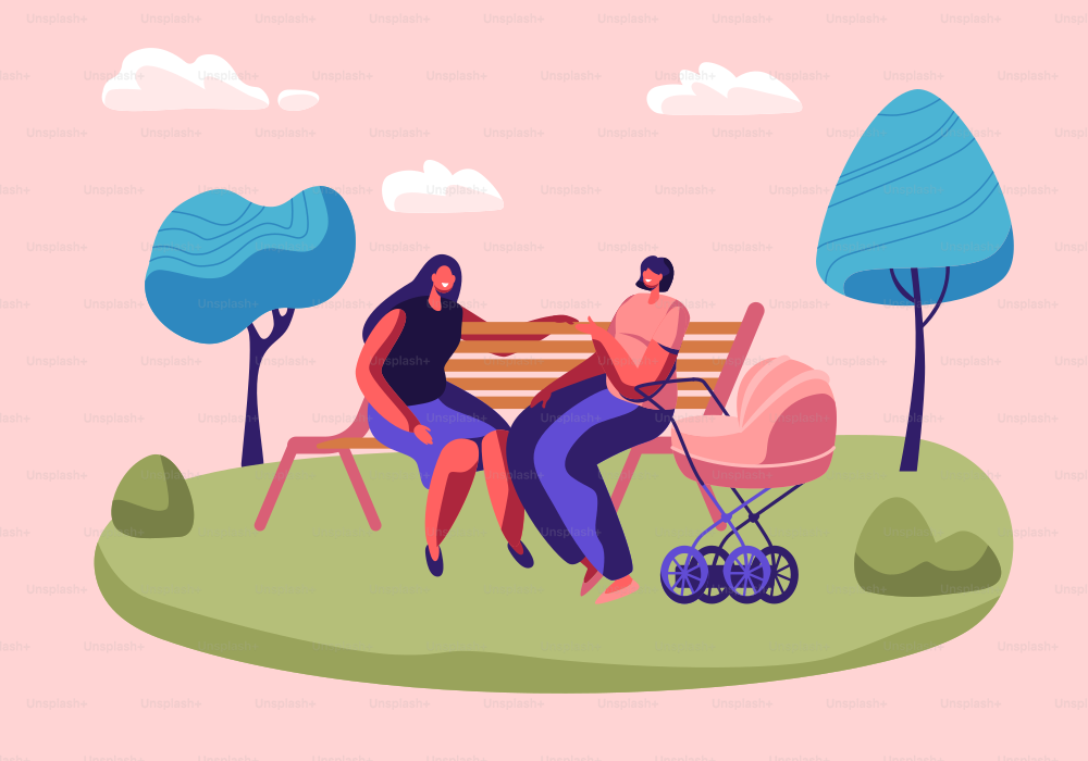 Happy Women Spend Time Together Sitting on Bench Outdoors and Chatting, Meeting Friends Lifestyle, Girl with Baby Stroller, Maternity, Parenthood, People Spare Time, Cartoon Flat Vector Illustration