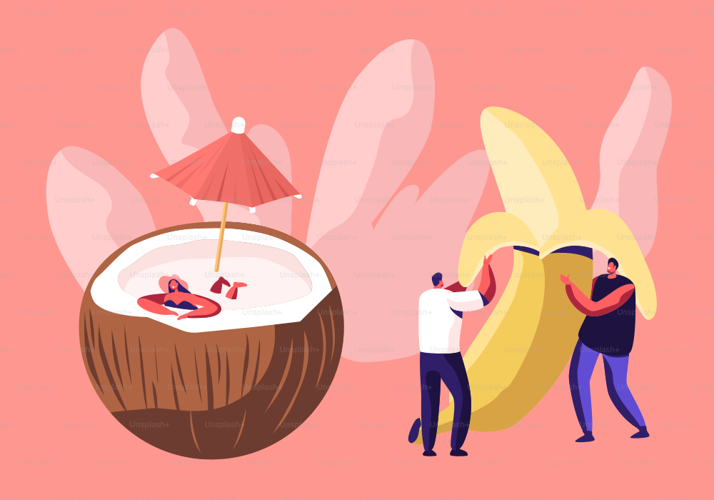 Hombres jóvenes sosteniendo un enorme plátano pelado, mujer en traje de baño relajándose en coco con paraguas, vegetariana y dieta Comida saludable, nutrición fortificada, nutrición de frutas, ilustración de vector plano de dibujos animados