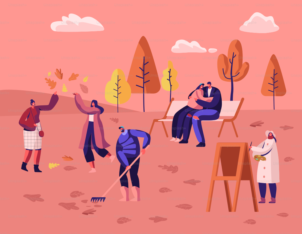 People Walking in Autumn City Park among Colorful Trees and Fallen Leaves. Painter Drawing Picture, Young Couple Hugging on Bench, Man Raking Ground, Girls Playing. Cartoon Flat Vector Illustration