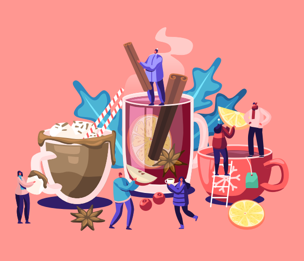 사람들이 뜨거운 음료를 마시는 것. 남녀 캐릭터는 추운 가을과 겨울에 서로 다른 음료를 선택합니다. 찻대, 레몬 슬라이스, 바닐라 스틱 만화 평면 벡터 일러스트