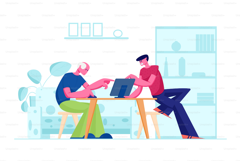 Young Son Teaching Father Sitting at Table How to Use Laptop. Grandson Help to Grandfather to Figure Out with New Technologies, Computer Education for Aged People. Cartoon Flat Vector Illustration