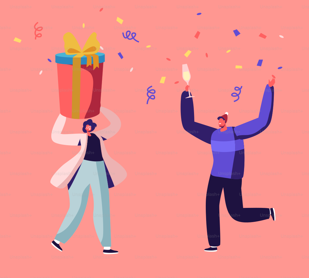 Happy People in Santa Hats Holding Gift Box and Drinking Champagne on Corporate or Home Christmas Party Celebration. Man and Woman Giving Presents on New Year Holidays Cartoon Flat Vector Illustration