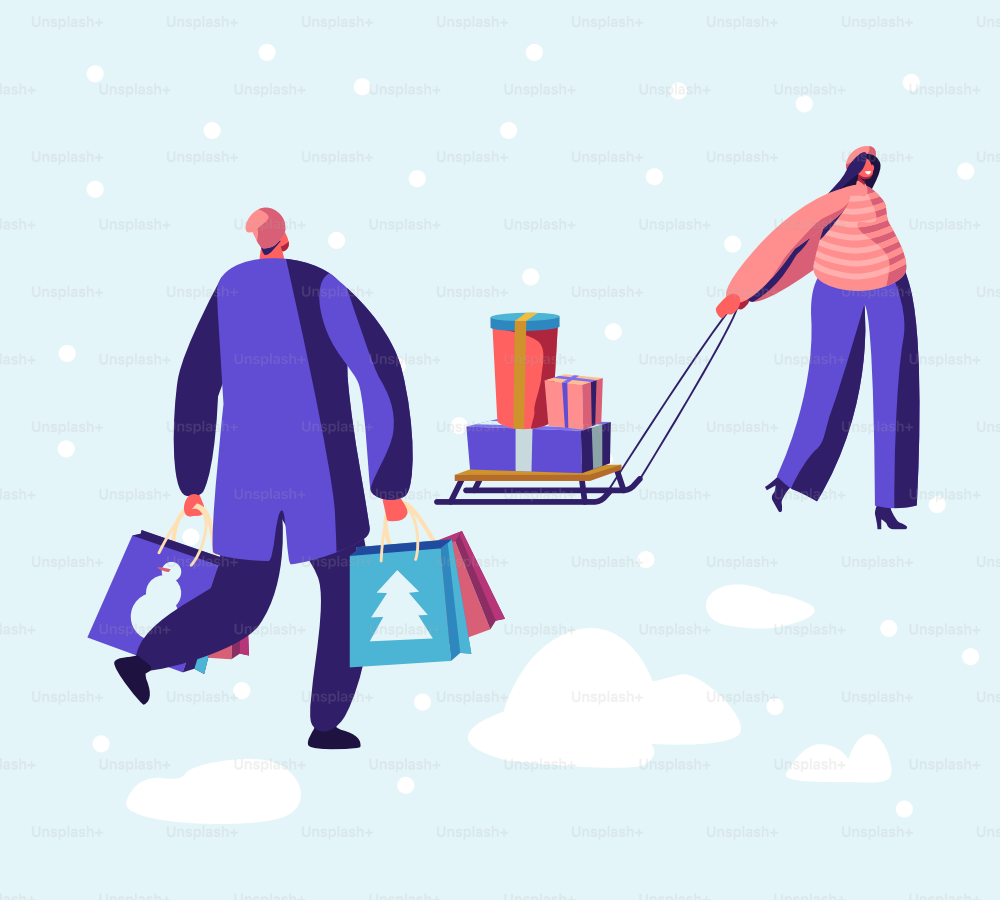 Einkaufen und Vorbereitung für Weihnachten und Neujahrsfeier in den Winterferien. Glückliche Menschen, die Geschenke für Freunde und Familie kaufen. Frau zieht Schlitten mit Geschenkboxen. Cartoon Flat Vektorillustration