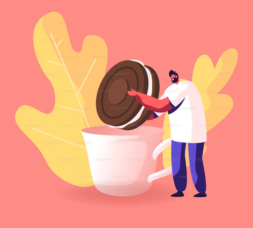 Hombre Dunking Galleta de chocolate con crema para taza con bebida caliente. Pequeño personaje masculino sosteniendo una enorme panadería, postre gigante para cumpleaños o celebración de eventos de fiesta de té. Ilustración vectorial plana de dibujos animados